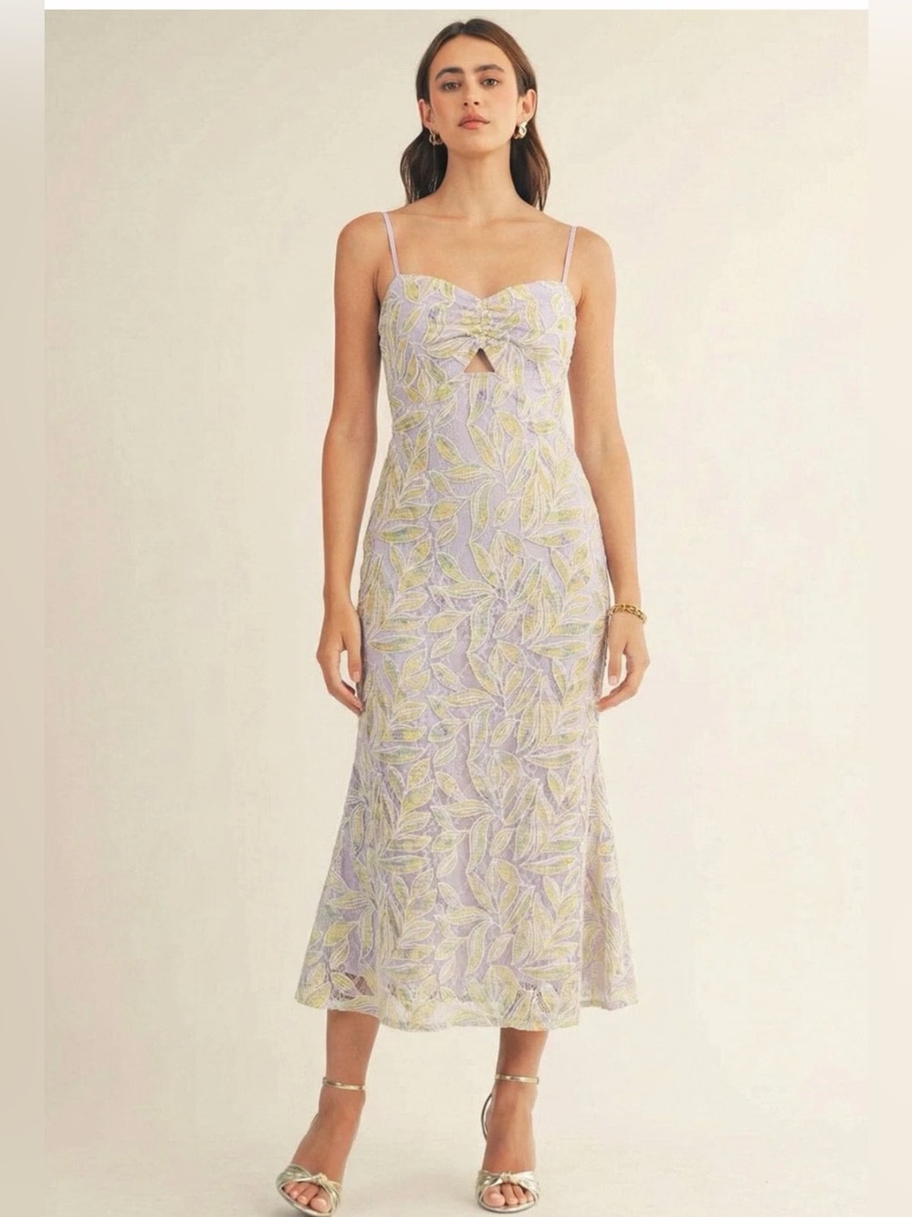 Lilac Leaf-Print Spaghetti Strap Midi Dress - Picture 5 of 5